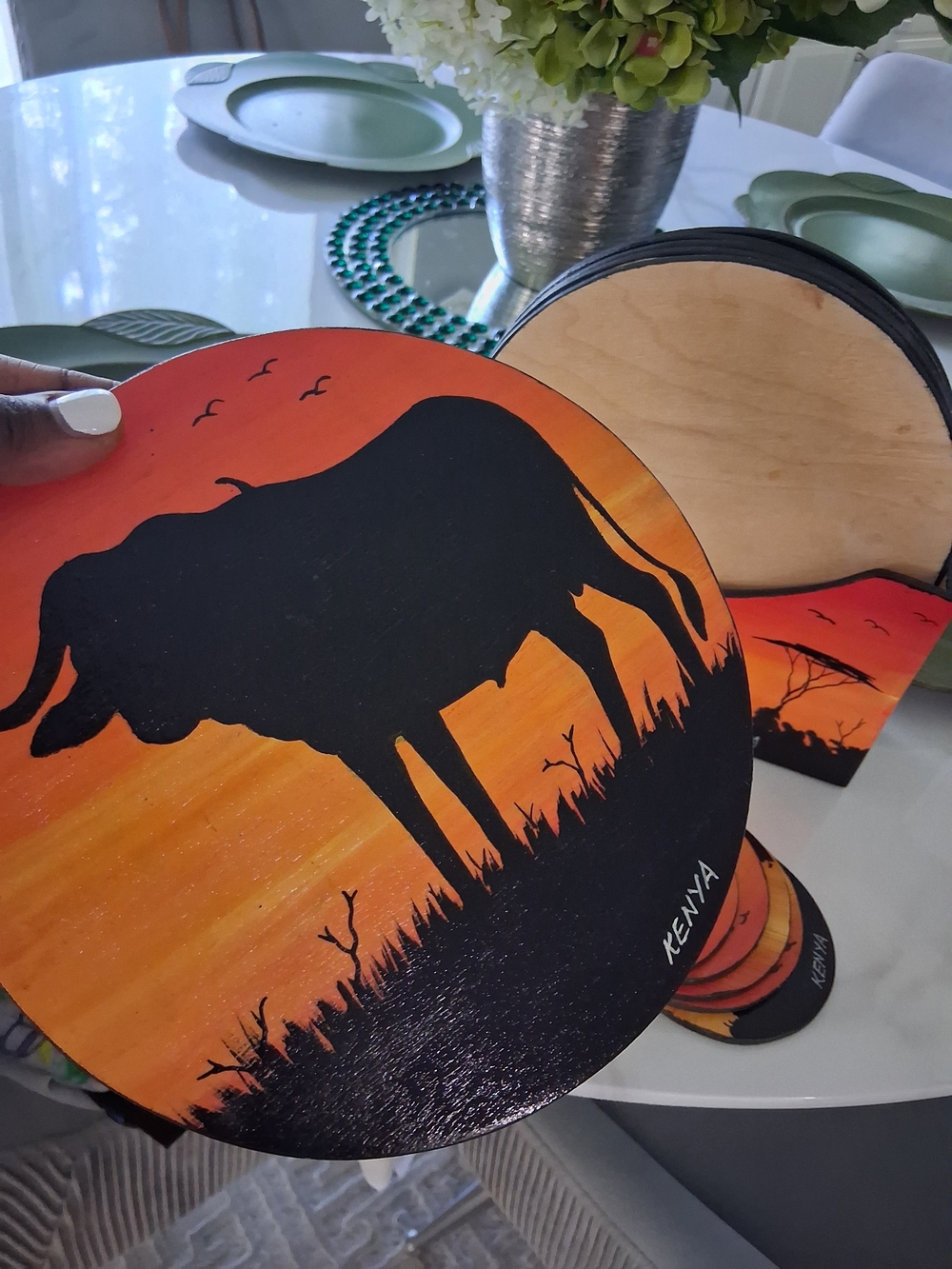 Kenya Sunset Wildlife Wooden Coasters - Silhouette Bull